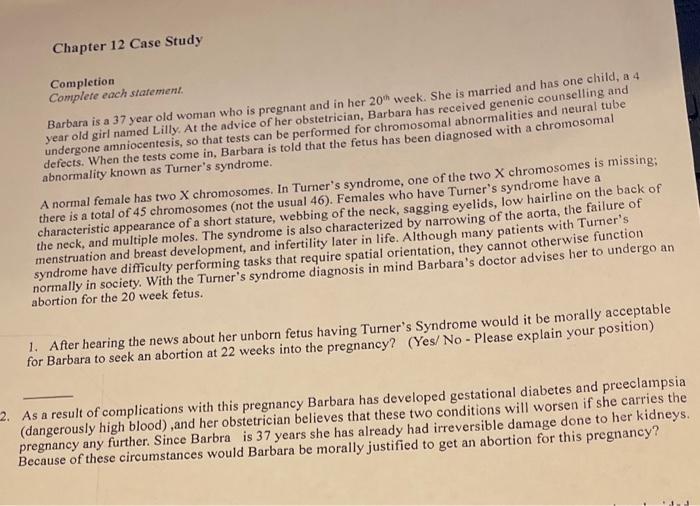Chapter 12 Case Study Completion Complete Each Statement Barbara Is A 37 Year Old Woman Who Is Pregnant And In Her 20 W 1