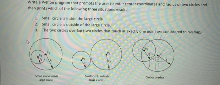 Write A Python Program That Prompts The User To Enter Center Coordinates And Radius Of Two Circles And Then Prints Which 1