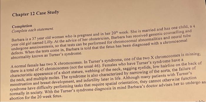 Chapter 12 Case Study Completion Complete Each Statement Barbara Is A 37 Year Old Woman Who Is Pregnant And In Her 20 W 1