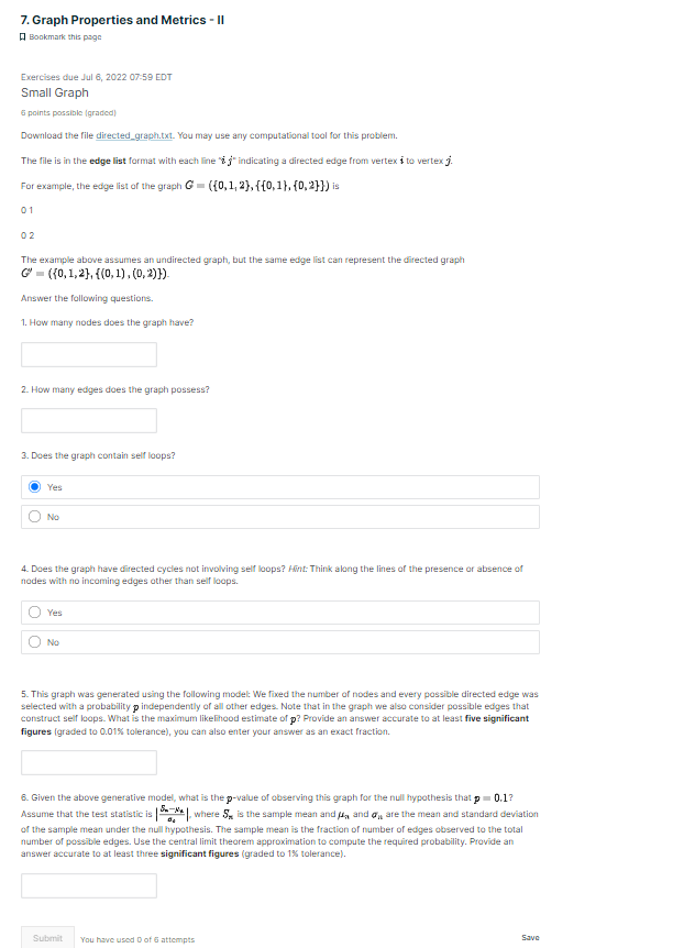 7 Graph Properties And Metrics Ii Bookmark This Page Exercises Due Jul 6 2022 07 59 Edt Small Graph 6 Points Possibl 1