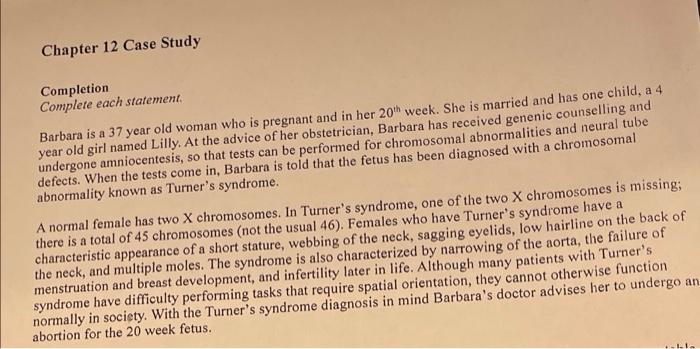 Chapter 12 Case Study Completion Complete Each Statement Barbara Is A 37 Year Old Woman Who Is Pregnant And In Her 20 W 1