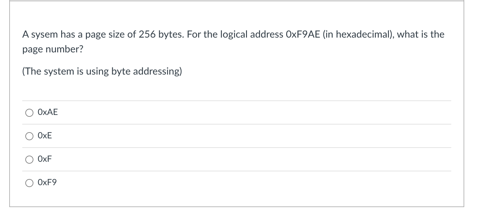 A Sysem Has A Page Size Of 256 Bytes For The Logical Address Oxf9ae In Hexadecimal What Is The Page Number The Sys 1