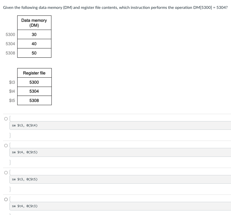 Given The Following Data Memory Dm And Register File Contents Which Instruction Performs The Operation Dm 5300 5304 1