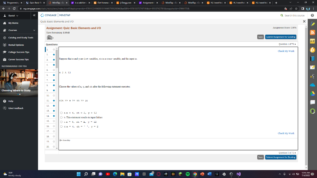 5 Programming Quiz X Rasi C Daniel My Home Courses Catalog And Study Tools Get Home X Chegg Com X Y Avignment X Mindt 1