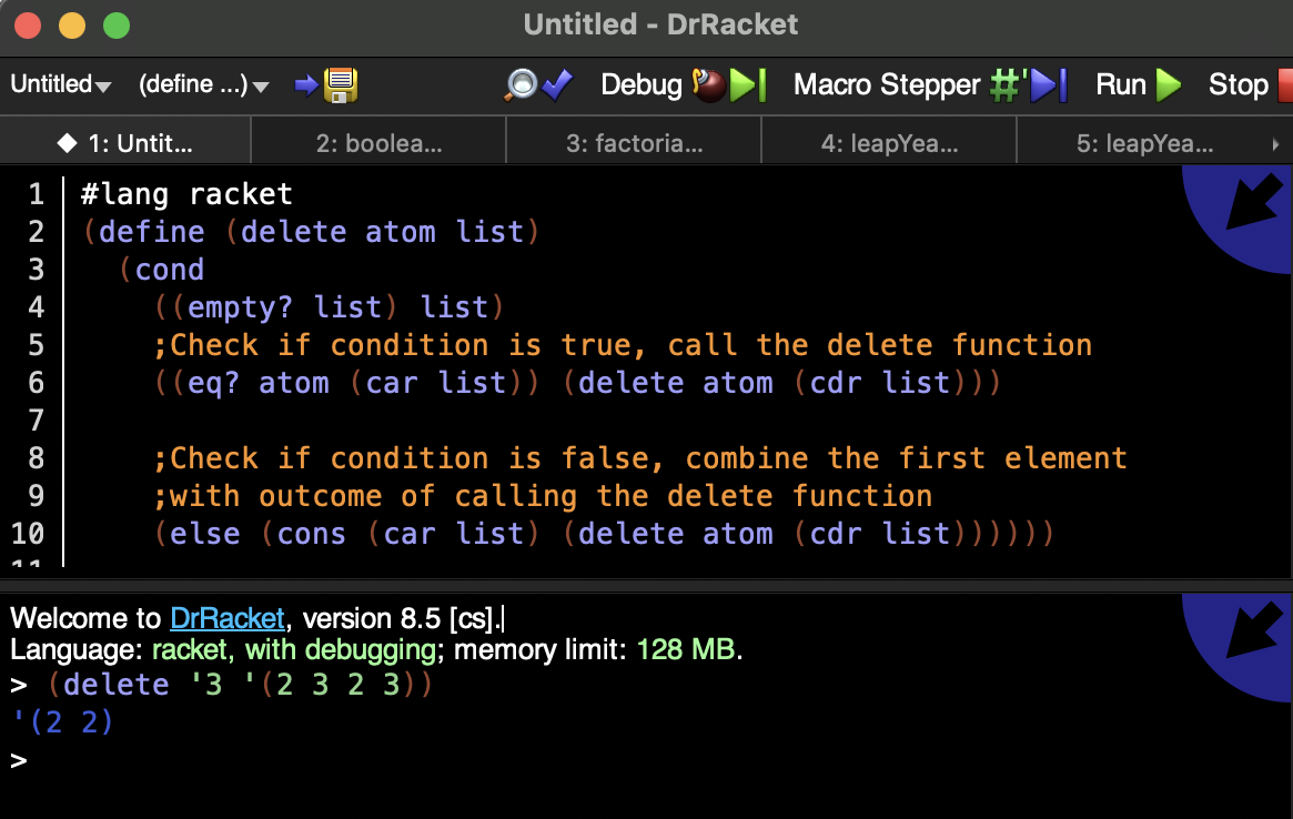 Untitled Define 1 Untit 1 Lang Racket 2 3 4 6 7 8 9 10 11 2 Boolea Untitled Drracket Debug 3 Facto 1