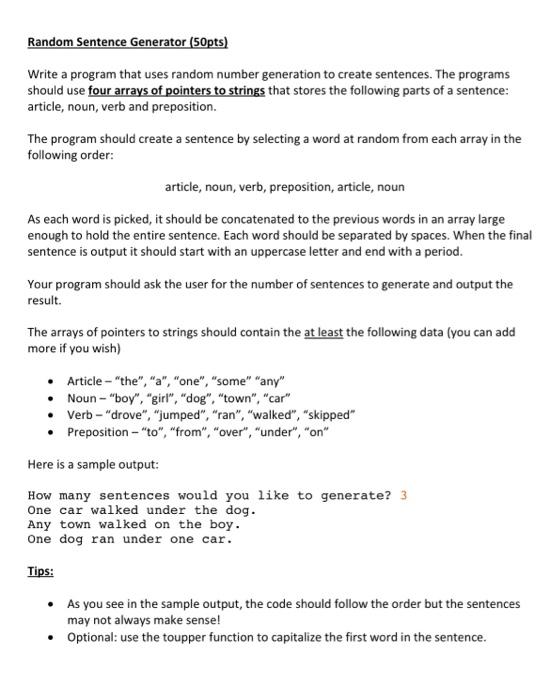 Random Sentence Generator 50pts Write A Program That Uses Random Number Generation To Create Sentences The Programs 2