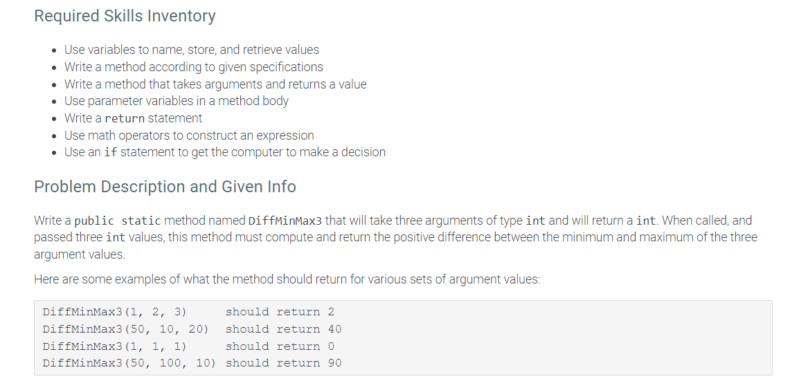Required Skills Inventory Use Variables To Name Store And Retrieve Values Write A Method According To Given Specif 1