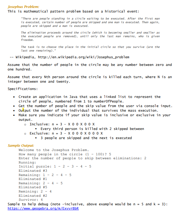 In Java Do Not Copy And Paste It Must Include Josephus Problem 2