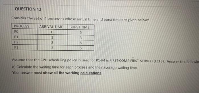 Question 13 Consider The Set Of 4 Processes Whose Arrival Time And Burst Time Are Given Below Process Arrival Time Po P 1