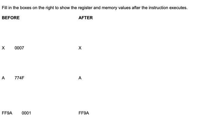 Fill In The Boxes On The Right To Show The Register And Memory Values After The Instruction Executes Before After X A 0 1