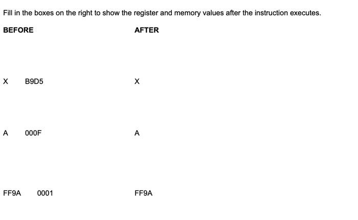 Fill In The Boxes On The Right To Show The Register And Memory Values After The Instruction Executes Before After X A 0 2