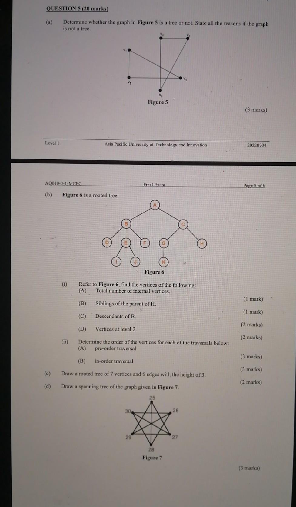 Question 5 20 Marks Determine Whether The Graph In Figure 5 Is A Tree Or Not State All The Reasons If The Graph Is No 1