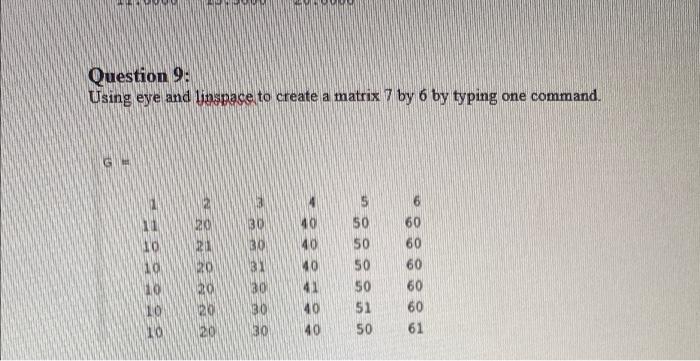 Question 9 Using Eye And Linspace To Create A Matrix 7 By 6 By Typing One Command G 00000 10 10 20 30 30 20 20 20 20 1