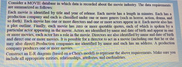 Consider A Movie Database In Which Data Is Recorded About The Movie Industry The Data Requirements Are Summarized As Fo 1
