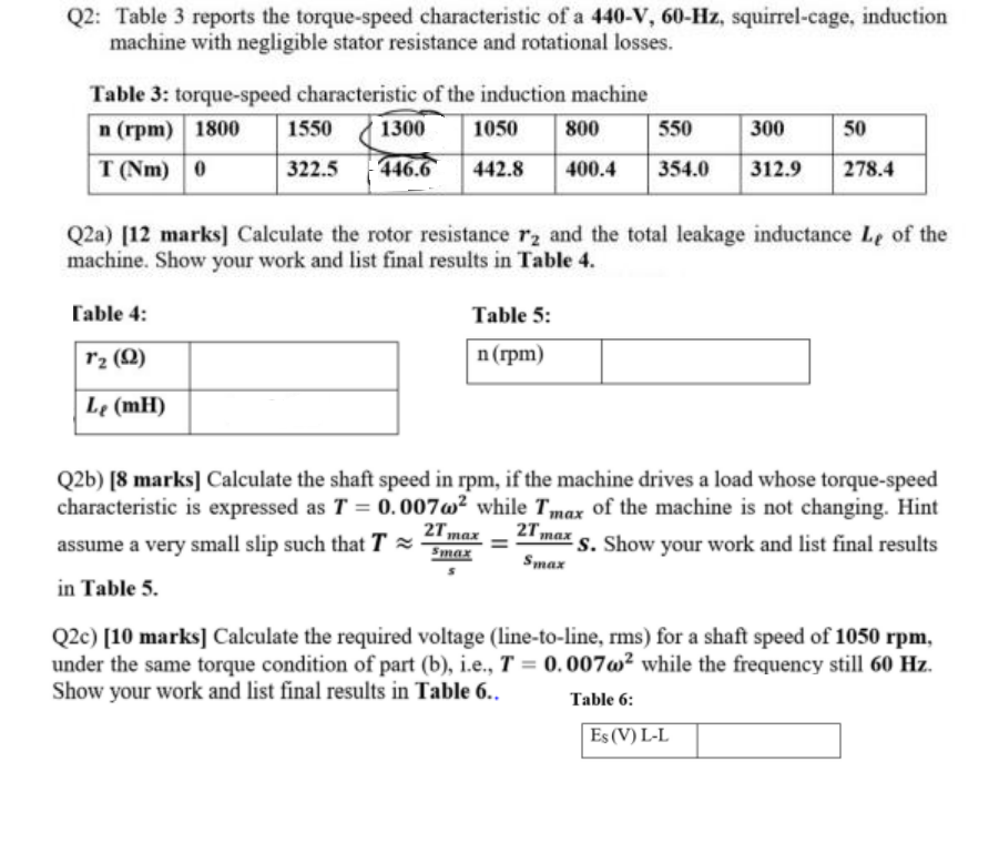 Q2 Table 3 Reports The Torque Speed Characteristic Of A 440 V 60 Hz Squirrel Cage Induction Machine With Negligible 1