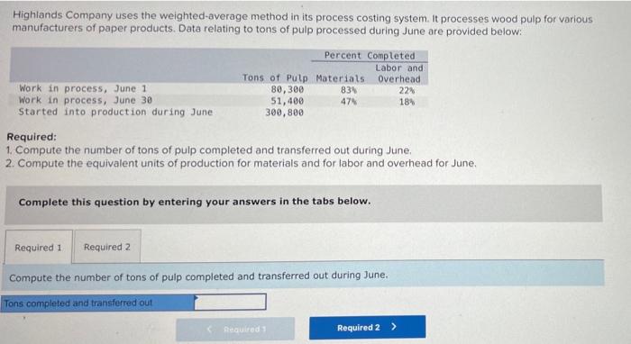 Highlands Company Uses The Weighted Average Method In Its Process Costing System It Processes Wood Pulp For Various Man 1