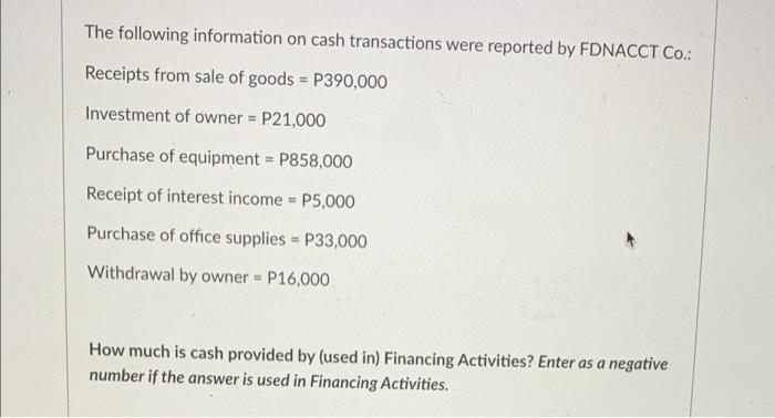 The Following Information On Cash Transactions Were Reported By Fdnacct Co Receipts From Sale Of Goods P390 000 Inve 1