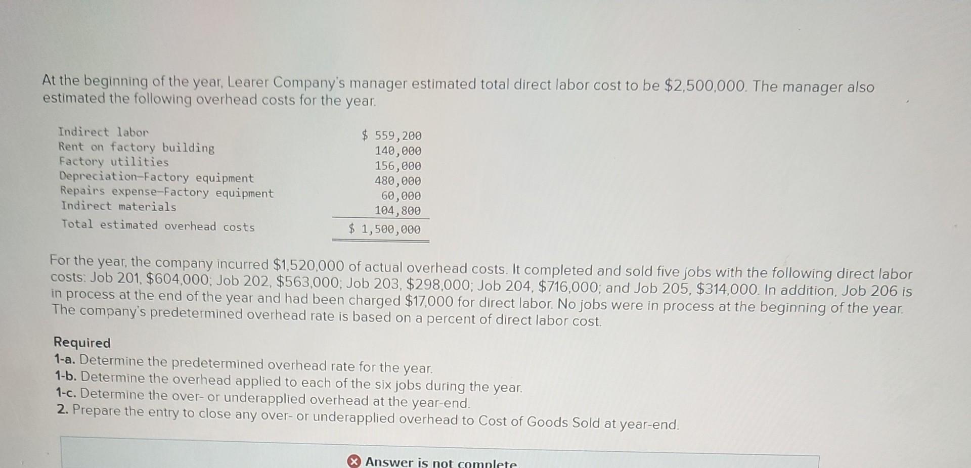 At The Beginning Of The Year Learer Company S Manager Estimated Total Direct Labor Cost To Be 2 500 000 The Manager A 1