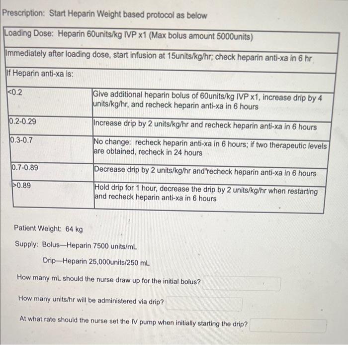 Prescription Start Heparin Weight Based Protocol As Below Loading Dose Heparin 60units Kg Ivp X1 Max Bolus Amount 500 1