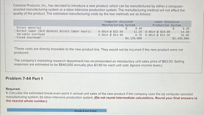 Celestial Products Inc Has Decided To Introduce A New Product Which Can Be Manufactured By Either A Computer Assist 1