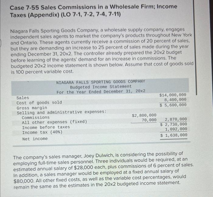 Case 7 55 Sales Commissions In A Wholesale Firm Income Taxes Appendix Lo 7 1 7 2 7 4 7 11 Niagara Falls Sporting 1