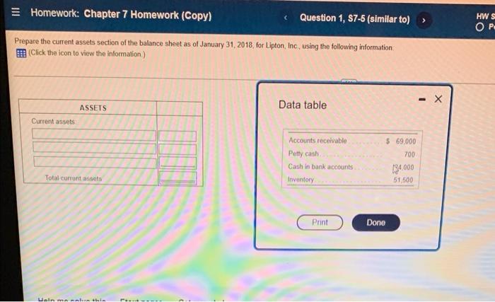 Homework Chapter 7 Homework Copy Question 1 7 5 Similar To Prepare The Current Assets Section Of The Balance Shee 1