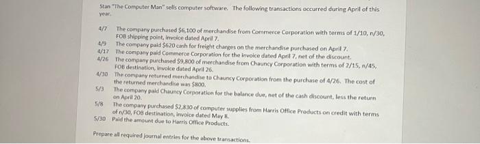 Stan The Computer Man Sells Computer Software The Following Transactions Occurred During April Of This Year 4 7 4 9 1
