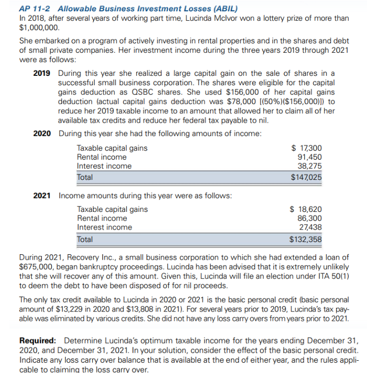Ap 11 2 Allowable Business Investment Losses Abil In 2018 After Several Years Of Working Part Time Lucinda Mclvor Wo 1