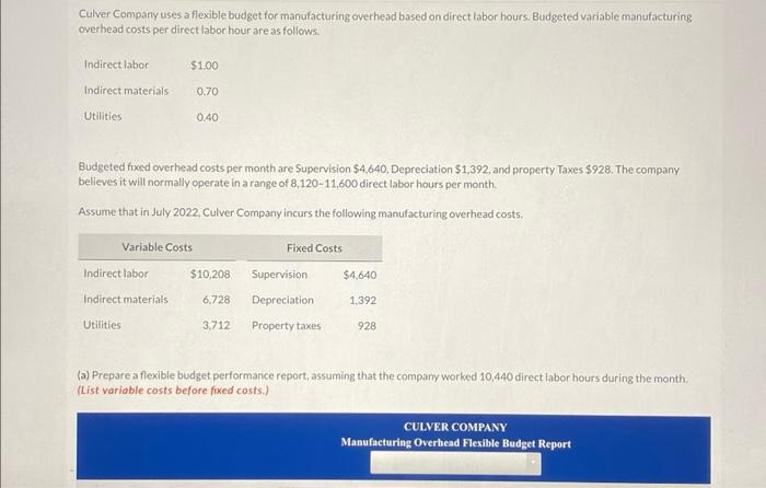 Culver Company Uses A Flexible Budget For Manufacturing Overhead Based On Direct Labor Hours Budgeted Variable Manufact 1