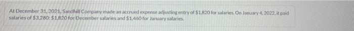 At December 31 2021 Sandhill Company Made An Accrued Expense Adjusting Entry Of 1 820 For Salaries On January 4 202 1