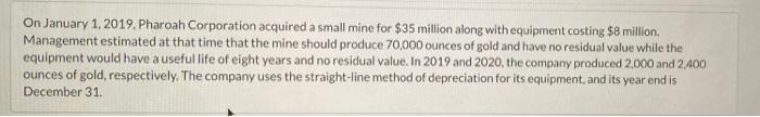 On January 1 2019 Pharoah Corporation Acquired A Small Mine For 35 Million Along With Equipment Costing 8 Million M 1