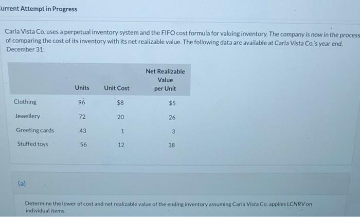 Current Attempt In Progress Carla Vista Co Uses A Perpetual Inventory System And The Fifo Cost Formula For Valuing Inve 1
