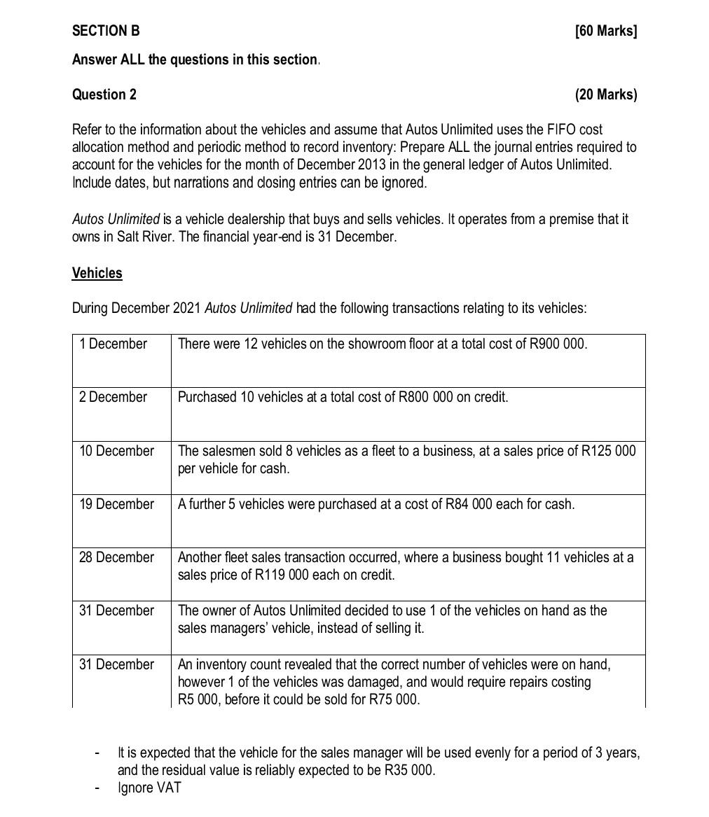Section B Answer All The Questions In This Section Question 2 20 Marks Refer To The Information About The Vehicles An 1