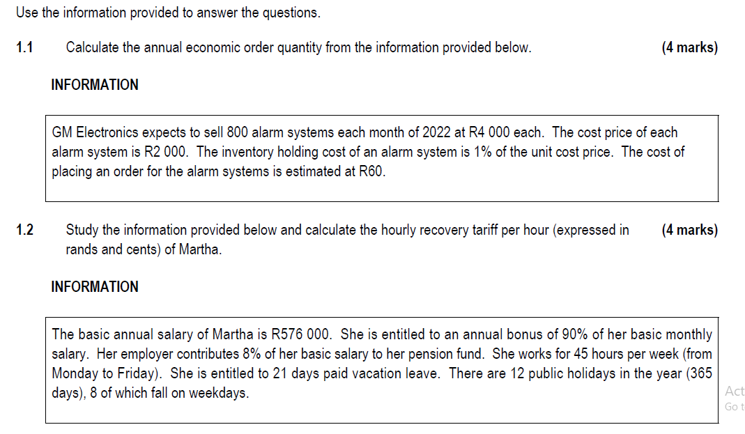 Use The Information Provided To Answer The Questions 1 1 1 2 Calculate The Annual Economic Order Quantity From The Info 1