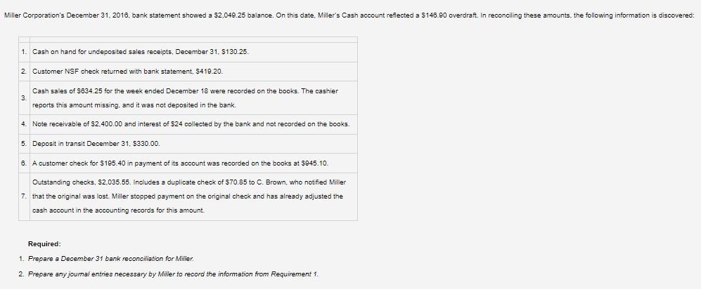 Miller Corporation S December 31 2016 Bank Statement Showed A 2 049 25 Balance On This Date Miller S Cash Account R 1