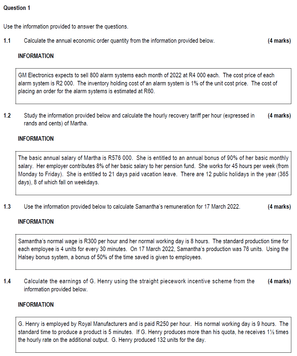 Question 1 Use The Information Provided To Answer The Questions 1 1 1 2 1 3 1 4 Calculate The Annual Economic Order Qua 1