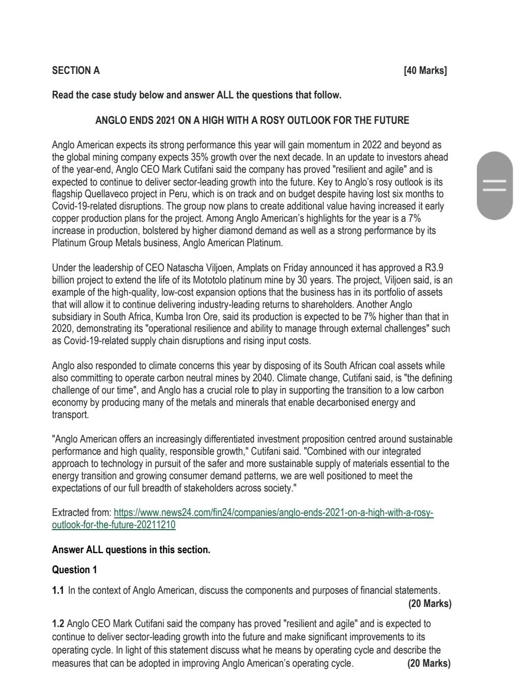 Section A Read The Case Study Below And Answer All The Questions That Follow 40 Marks Anglo Ends 2021 On A High With 1