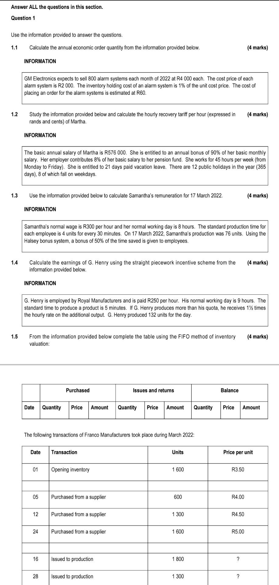 Answer All The Questions In This Section Question 1 Use The Information Provided To Answer The Questions 1 1 1 2 1 3 1 1