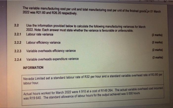 2 2 2 2 1 2 2 2 The Variable Manufacturing Cost Per Unit And Total Manufacturing Cost Per Unit Of The Finished Goods An 1