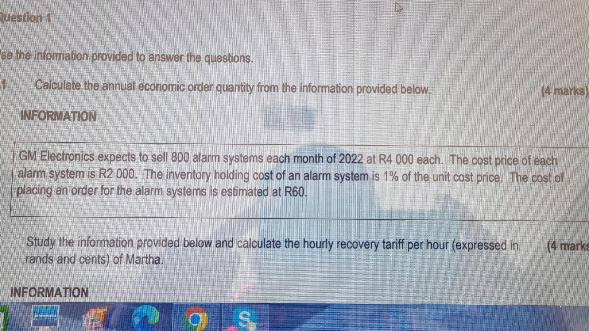 Question 1 Se The Information Provided To Answer The Questions Calculate The Annual Economic Order Quantity From The In 1