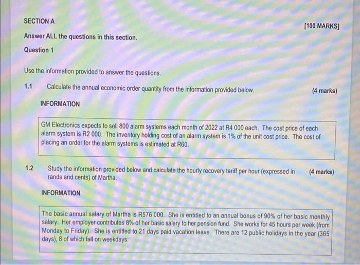 Section A Answer All The Questions In This Section Question 1 Use The Information Provided To Answer The Questions 1 1 1