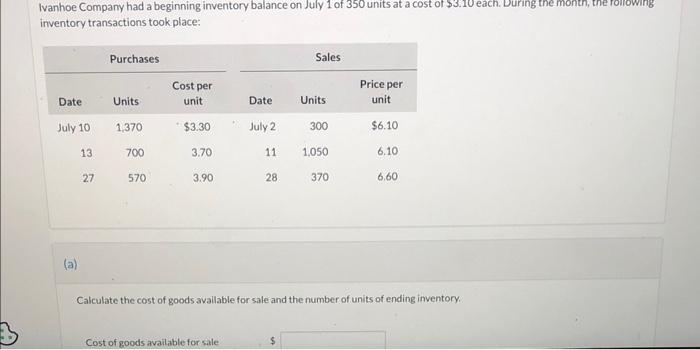 Ivanhoe Company Had A Beginning Inventory Balance On July 1 Of 350 Units At A Cost Of 3 10 Each During The Month The 1