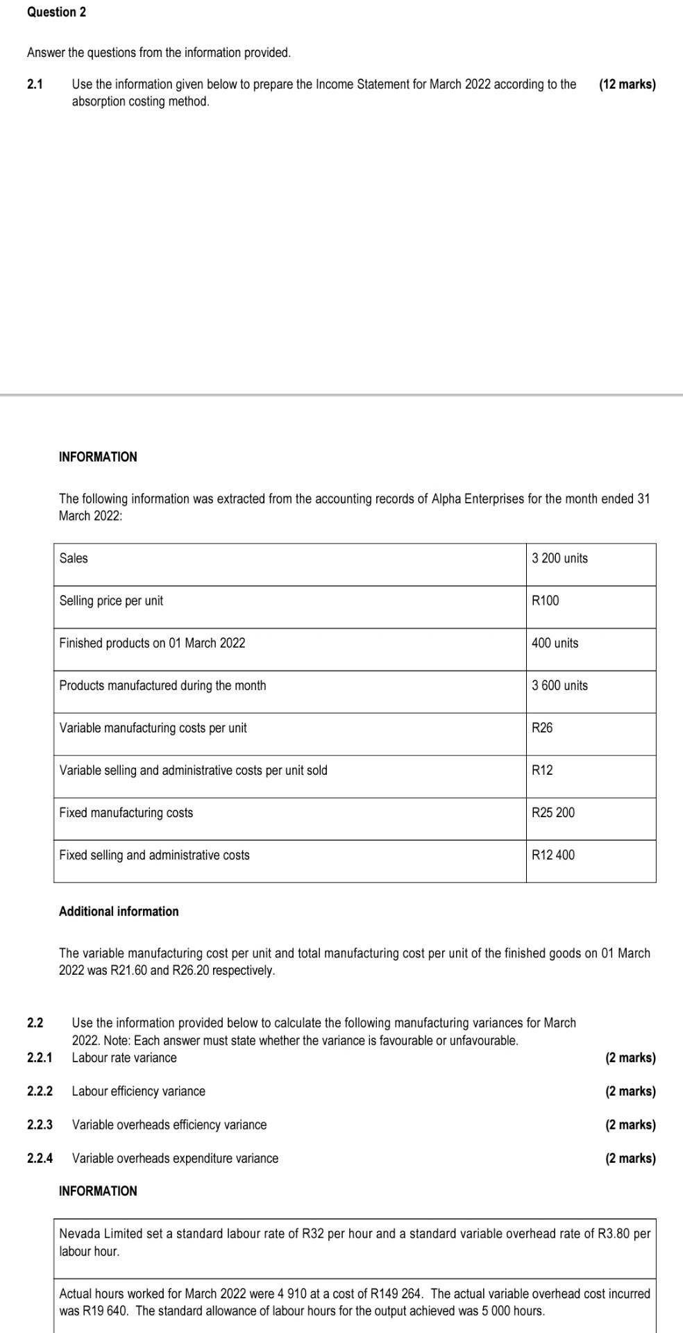 Question 2 Answer The Questions From The Information Provided 2 1 Use The Information Given Below To Prepare The Income 1