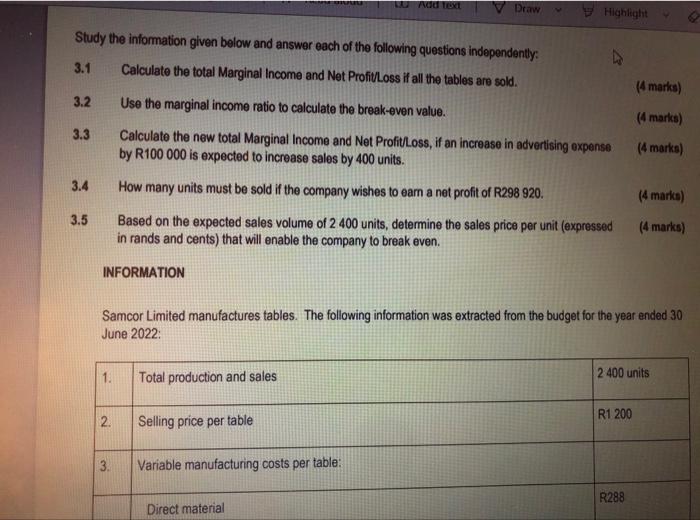 3 2 3 3 Study The Information Given Below And Answer Each Of The Following Questions Independently 3 1 Calculate The To 1