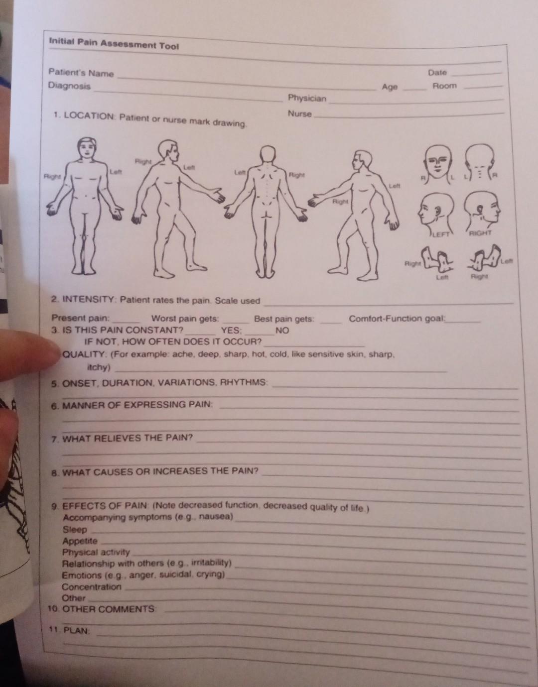 Initial Pain Assessment Tool Patient S Name Diagnosis Date Room Age Physician Nurse 1 Location Patient Or Nurse Mark D 1