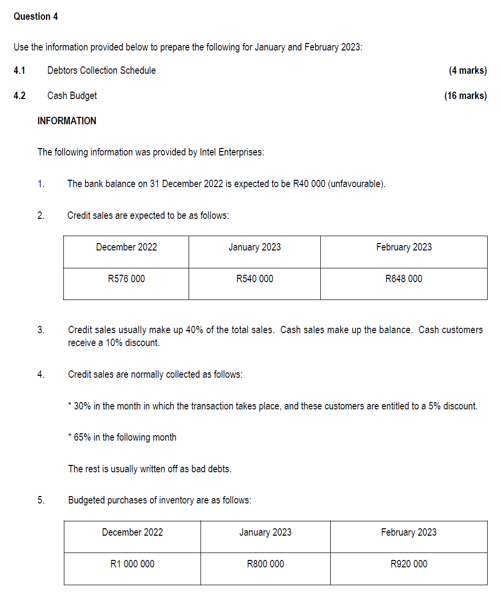 Question 4 Use The Information Provided Below To Prepare The Following For January And February 2023 4 1 Debtors Collec 1