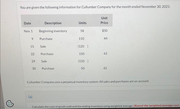 You Are Given The Following Information For Cullumber Company For The Month Ended November 30 2021 Date Nov 1 9 15 22 1