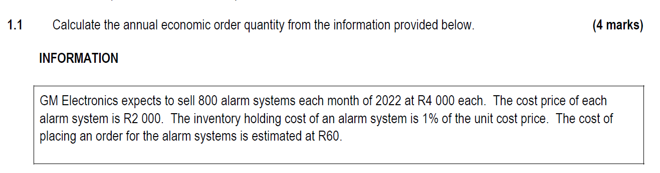 1 1 Calculate The Annual Economic Order Quantity From The Information Provided Below Information 4 Marks Gm Electroni 1