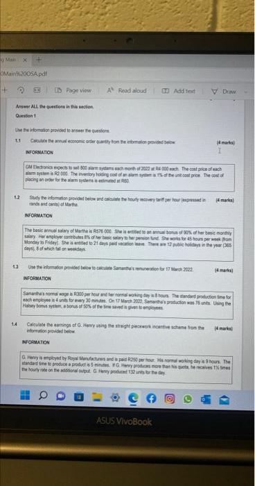 Main X Main200sa Pdf 1 Answer All The Questions In This Section Question Page View 1 3 Use The Information Provided To 1