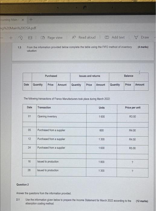 Ounting Main X Ng 20main 20osa Pdf 1 5 From The Information Provided Below Complete The Table Using The Fifo Method 1